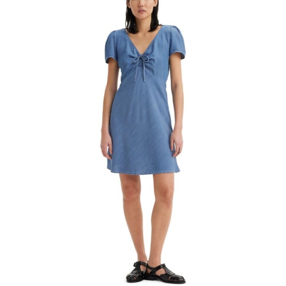 Women's Mini Dress Lyocell Cap Sleeves Sweetheart Neckline Button
